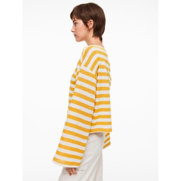 H&M Boxy Bell Sleeve Boat Neck Jumper in Yellow/White Striped Nautical Beachy - Picture 3 of 13